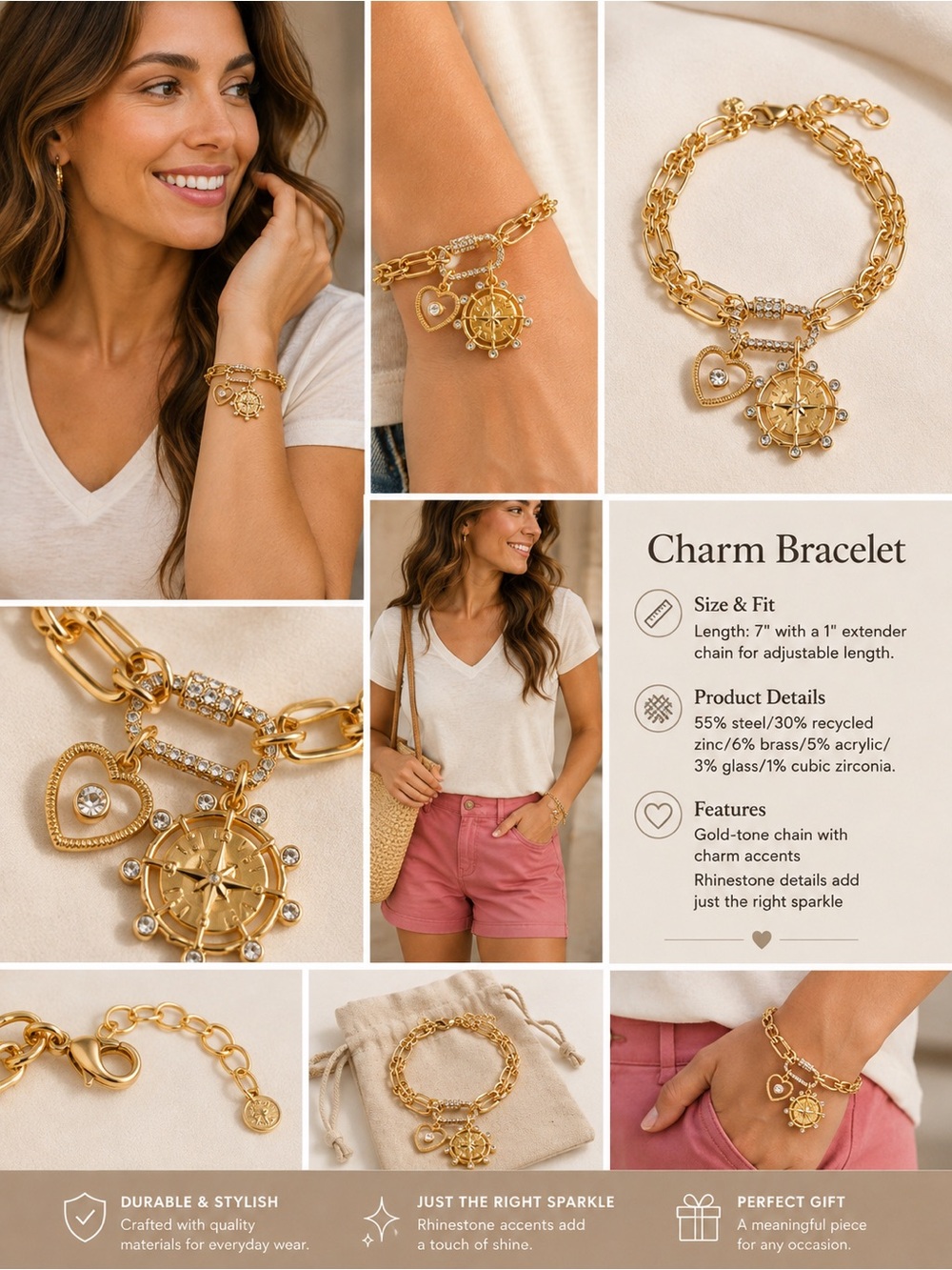 J. Crew Gold-Tone Charm Link Bracelet with Compass & Heart